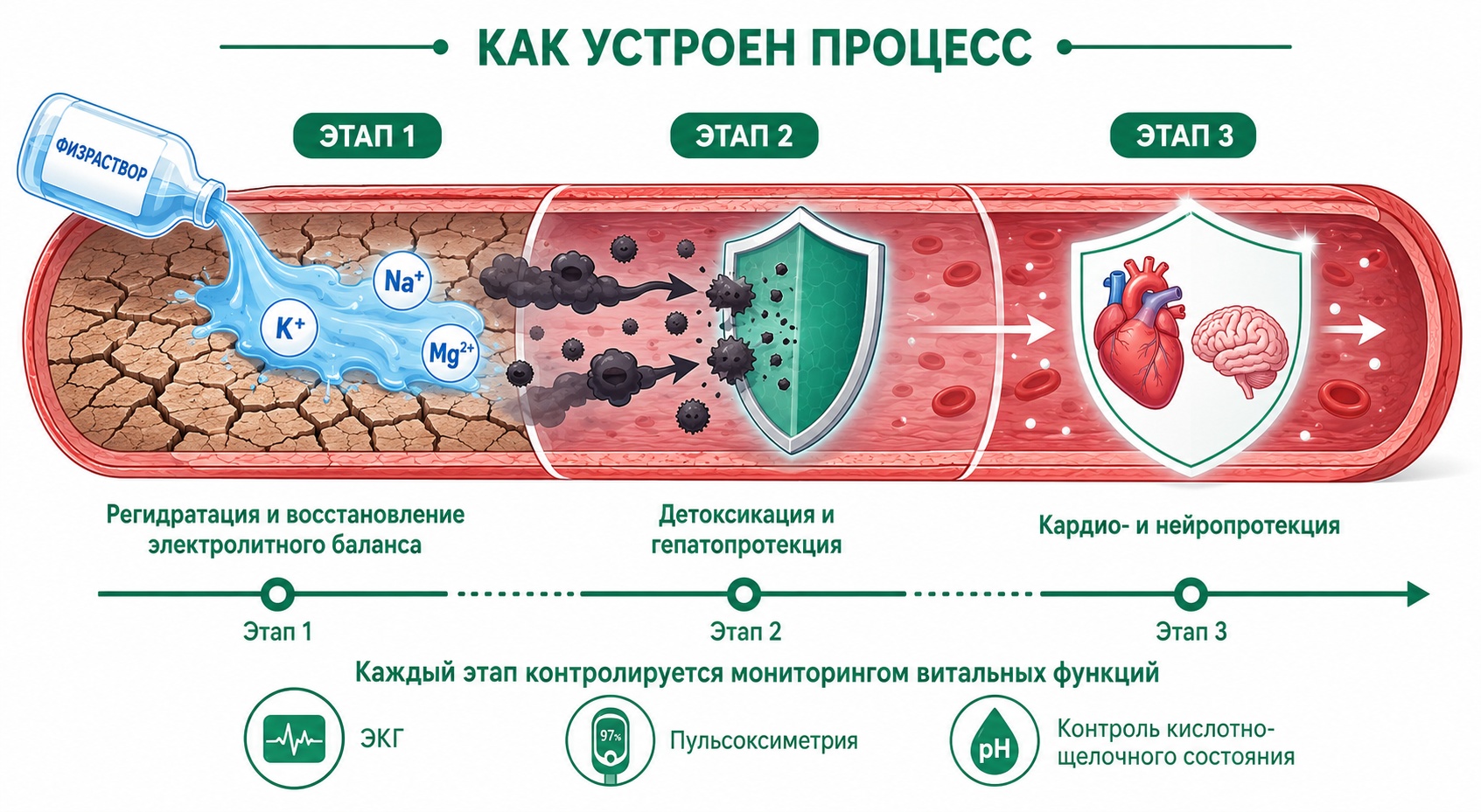 Инфографика описывает процесс действия капельницы при интоксикации от алкоголя