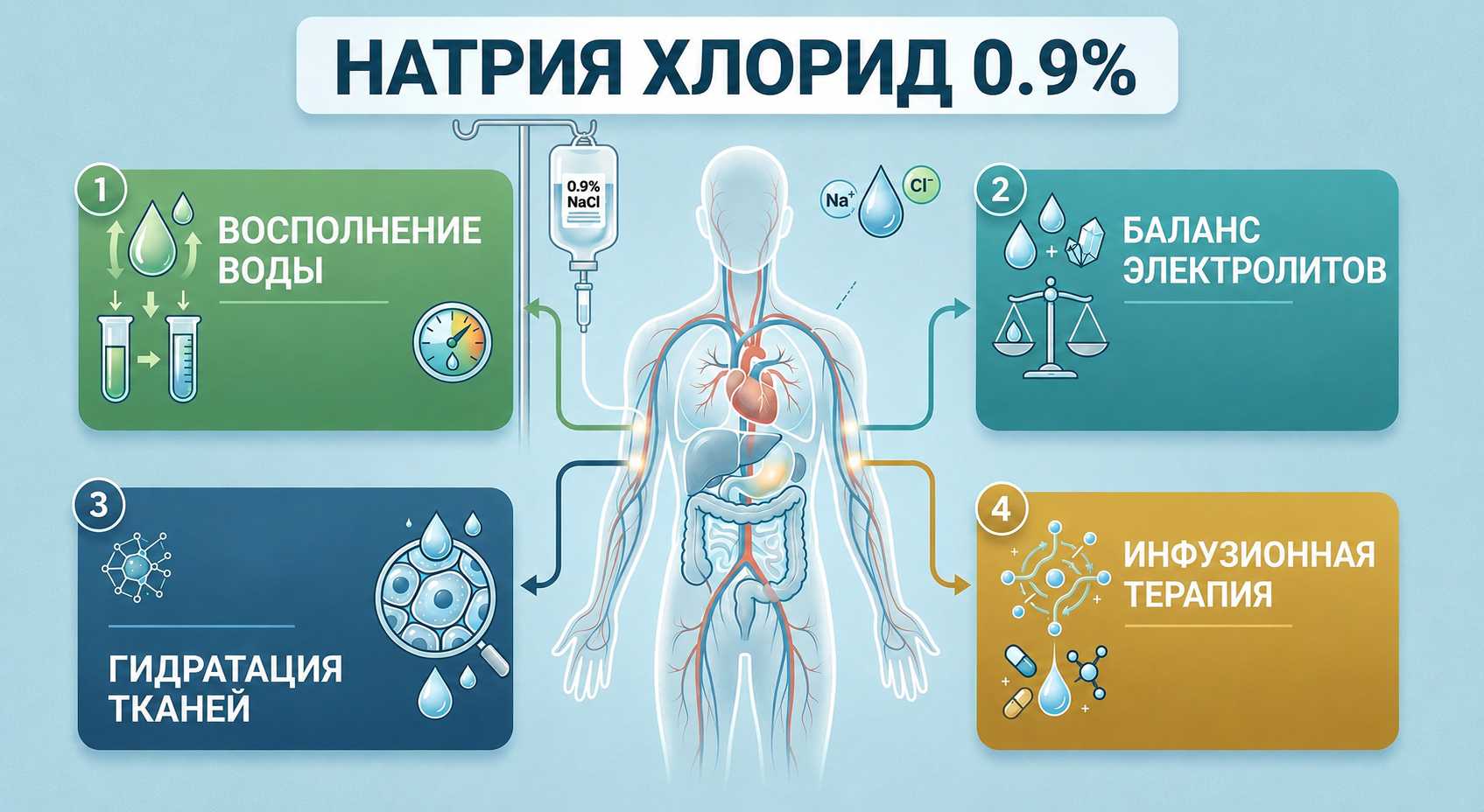 Инфографика с основными механизмами действия капельницы натрия хлорид в организме